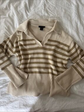 House of Harlow Striped Collar Knit Sweater in Beige and Cream